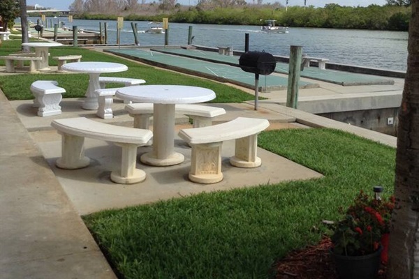 Outdoor seating overlooks the intracoastal 