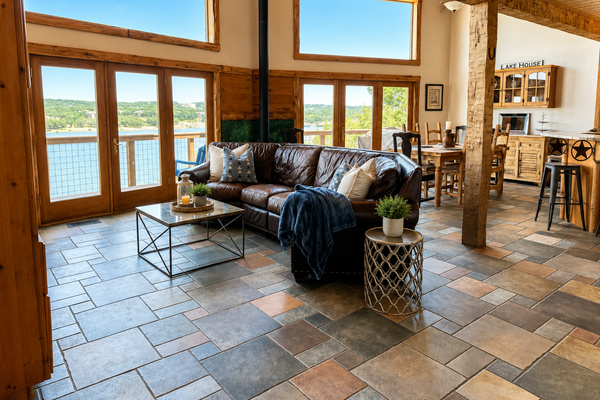 Open-concept living room with a cozy leather sectional, floor-to-ceiling windows, and sweeping views of Lake Travis.