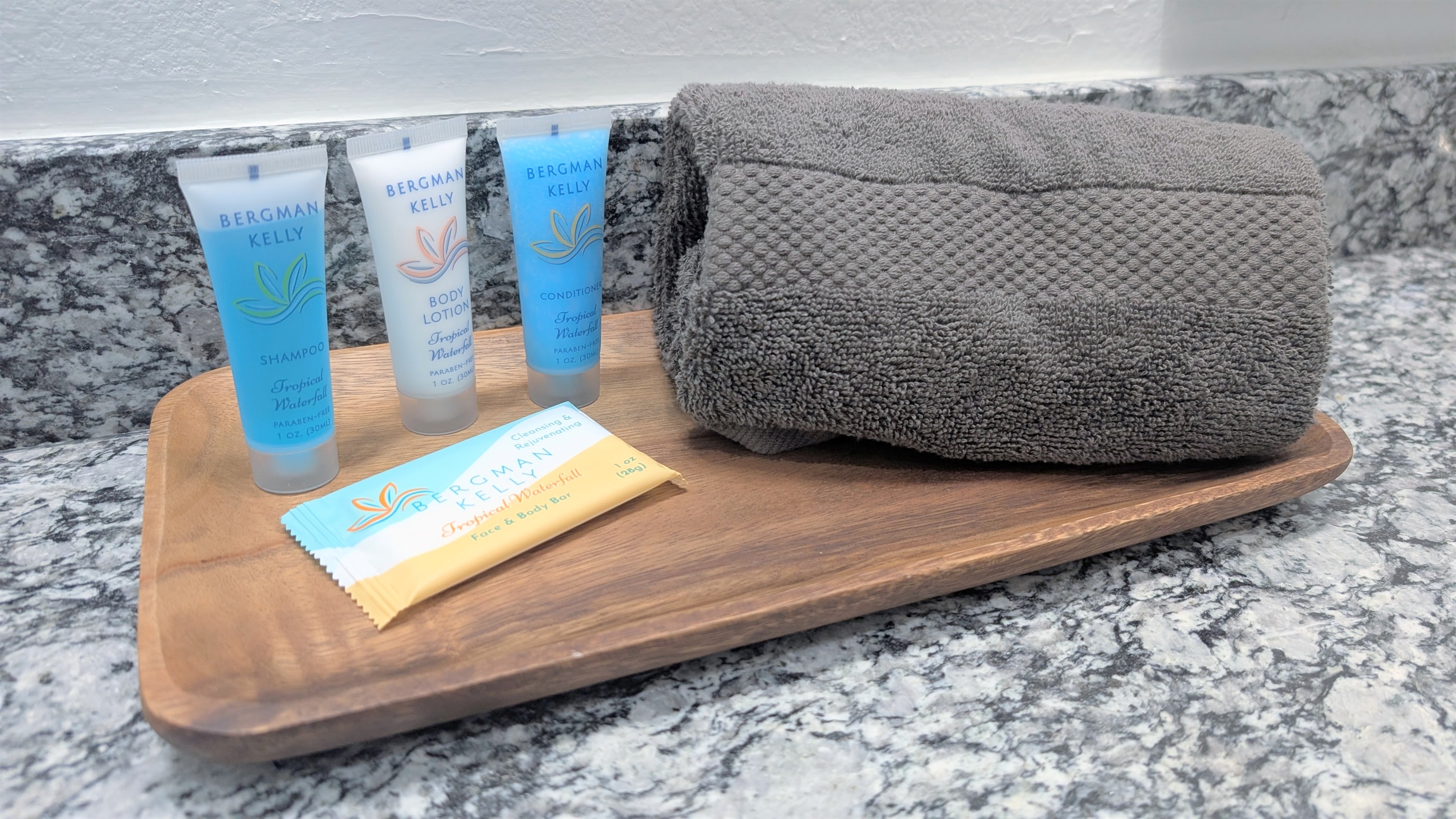 Toiletries including soap, lotion, shampoo and conditioner are stocked in this home. 