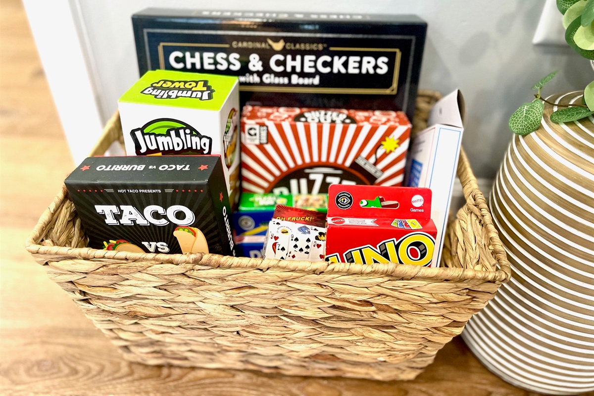 Enjoy a cozy game night by the fireplace with cards, puzzles, and more. 