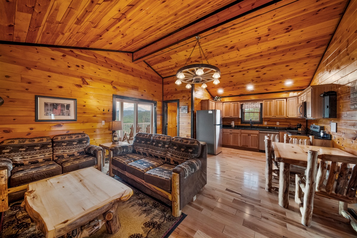 Nothing has been overlooked in the decorating and design of this cabin. Everything is real and every door and window has a mountain top view.