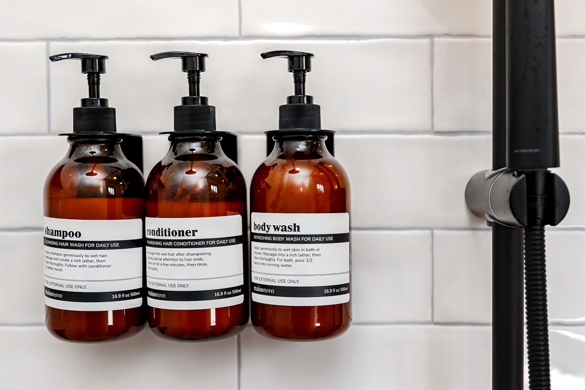Shampoo, conditioner, and body wash provided to make you feel right at home