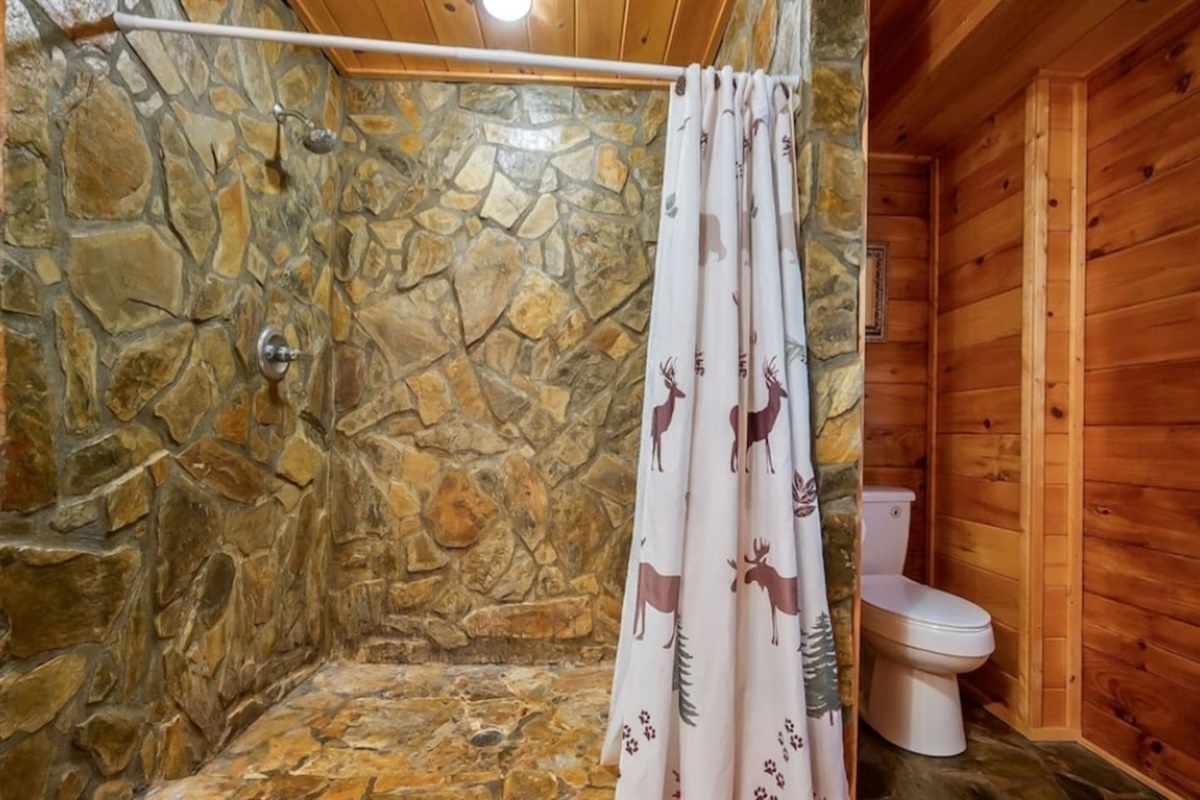Master bathroom one with hand carved stone shower.