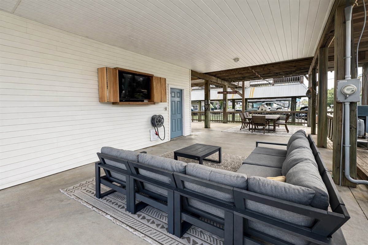 Downstairs space, completely gated. 