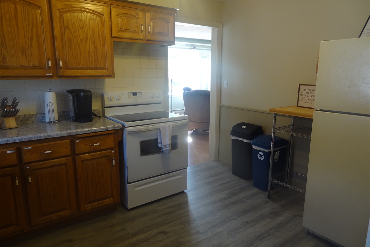 Full kitchen with stove, refrigerator, dish washer, microwave, coffee makers, pots/pans, and most other essentials.
