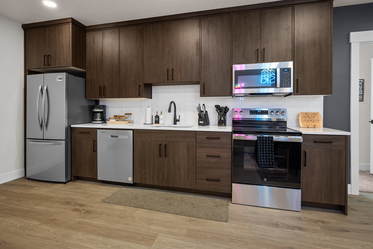 Sleek kitchen design with everything you need for a comfortable stay.