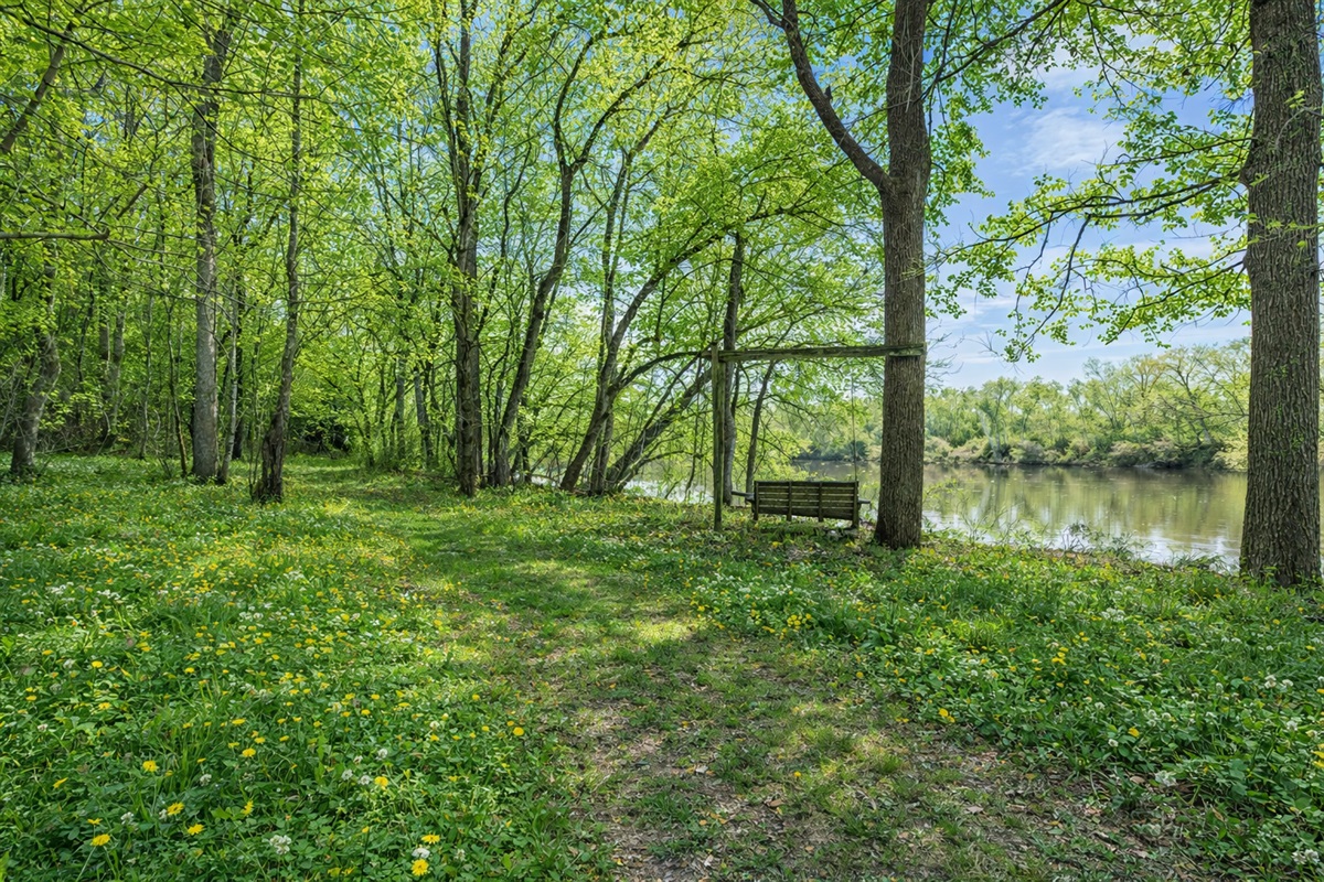 Scenic Retreat: Embrace nature by the river with a swing and blooming wildflowers!