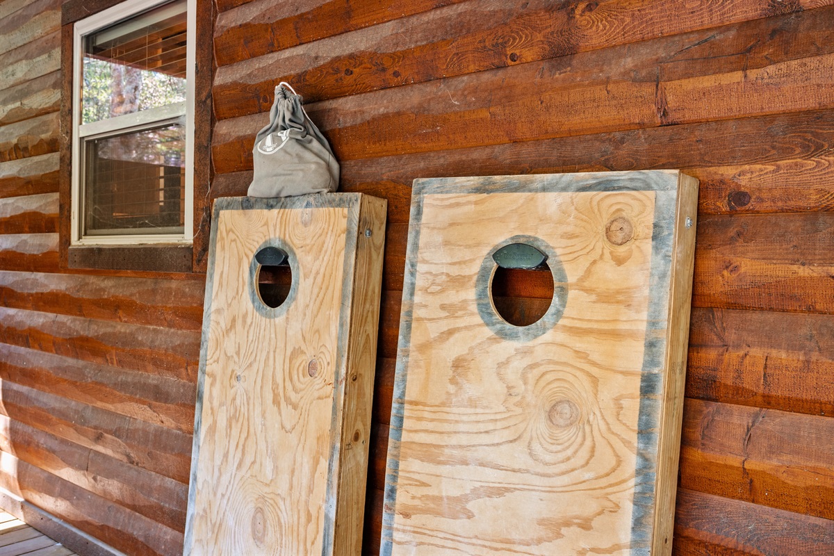 Classic cornhole boards ready for a friendly outdoor game.