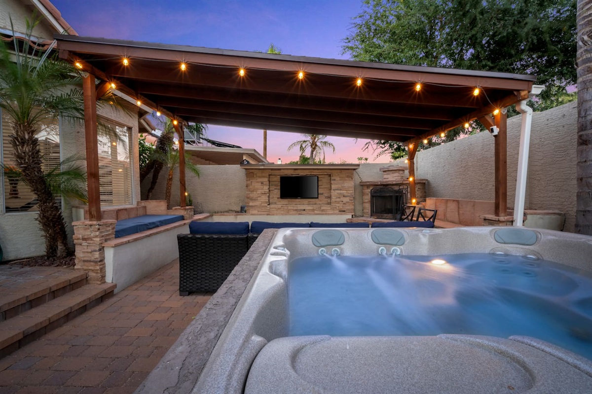 Watch the games from the Jacuzzi with a covered seating area and TV!