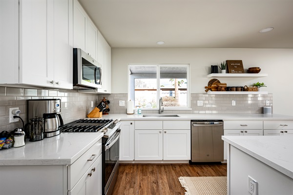 Drip coffeemaker, french press, and selections of coffee and tea preparations to get you up and moving.