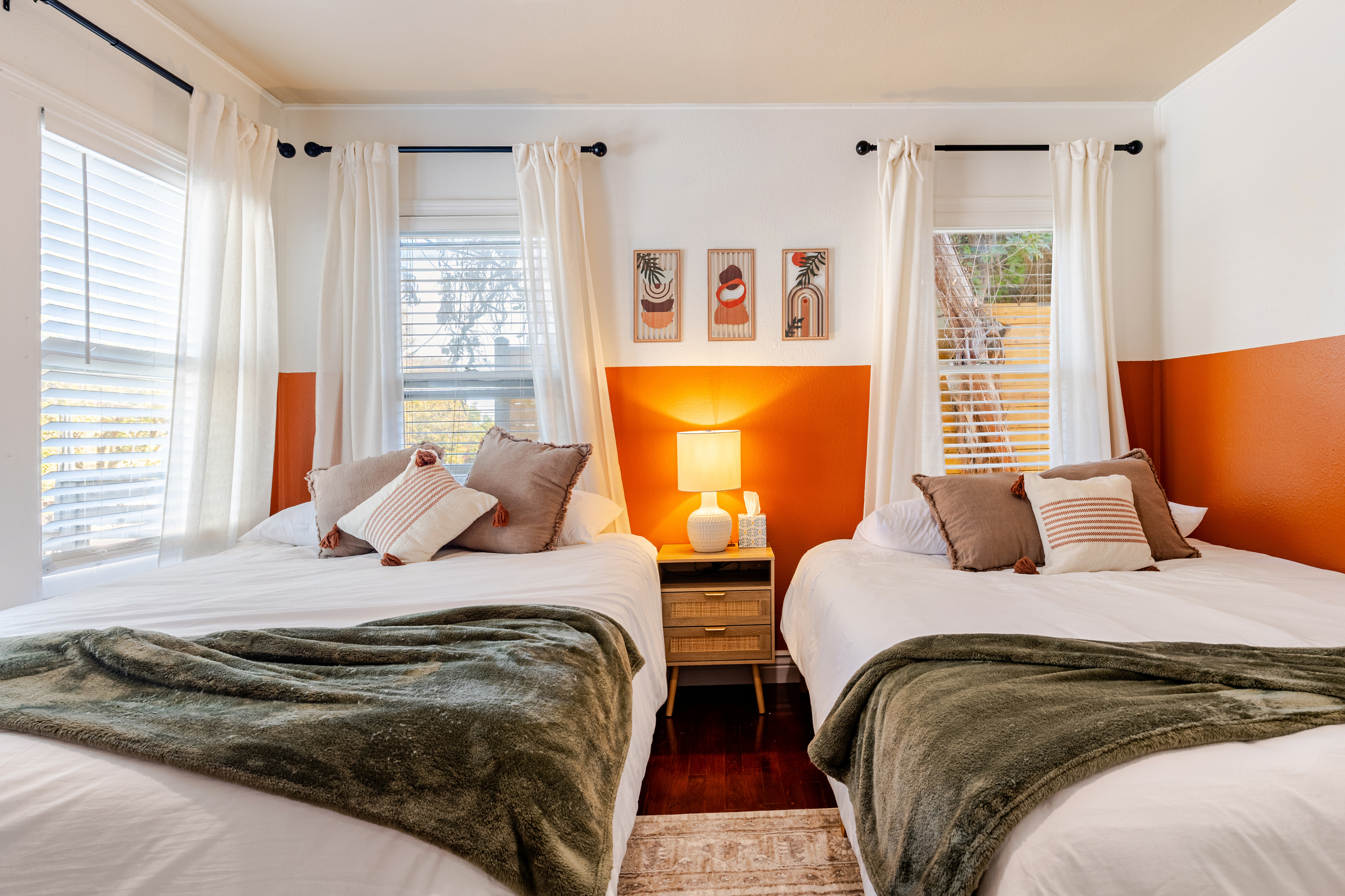 Vibrant colors and plush bedding create a playful yet relaxing escape!