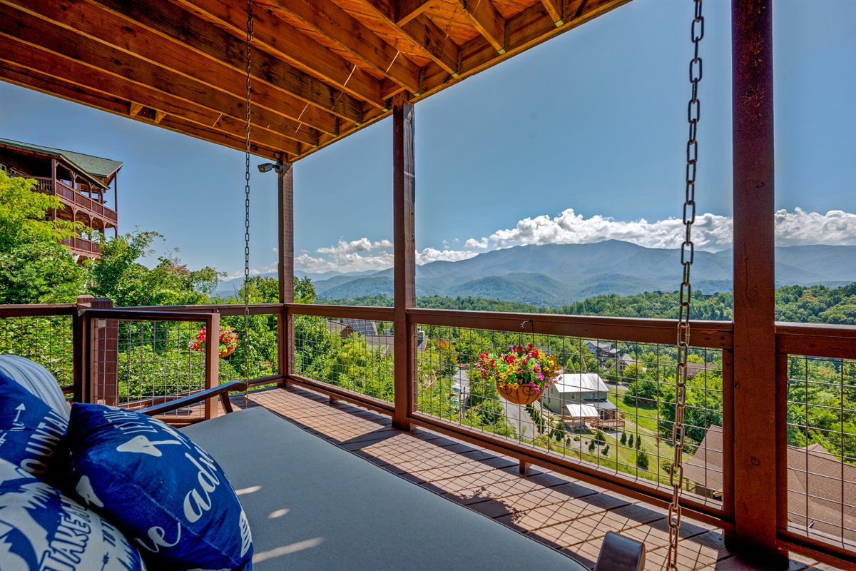 Porch bed swing with a view