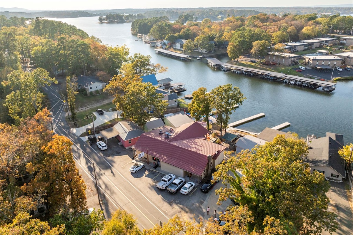 Aerial View of the Front of Sam's Pizza, located just off of Burchwood Bay Road.  It is Central to ALL Things Hot Springs!