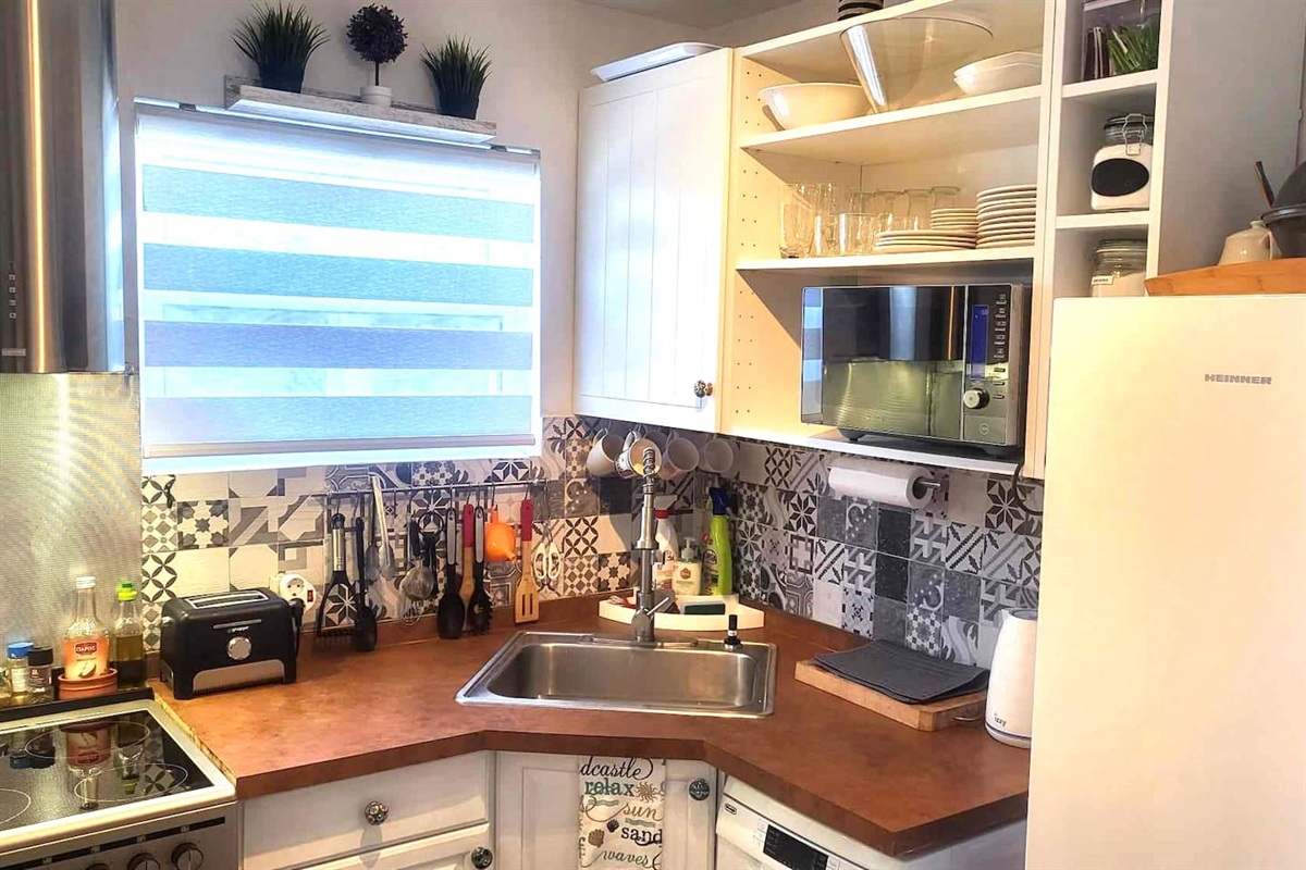 Full kitchen! Some basic spices, all dishware and utensils, cooking pots, etc.