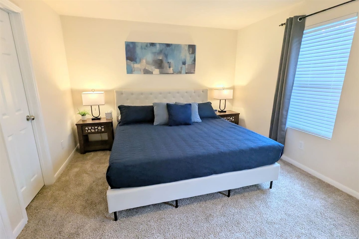 Oversized Primary suite includes a large walk-in closet, ceiling fan, cozy bedding, blackout curtains, a Roku TV, and dedicated workspace. 