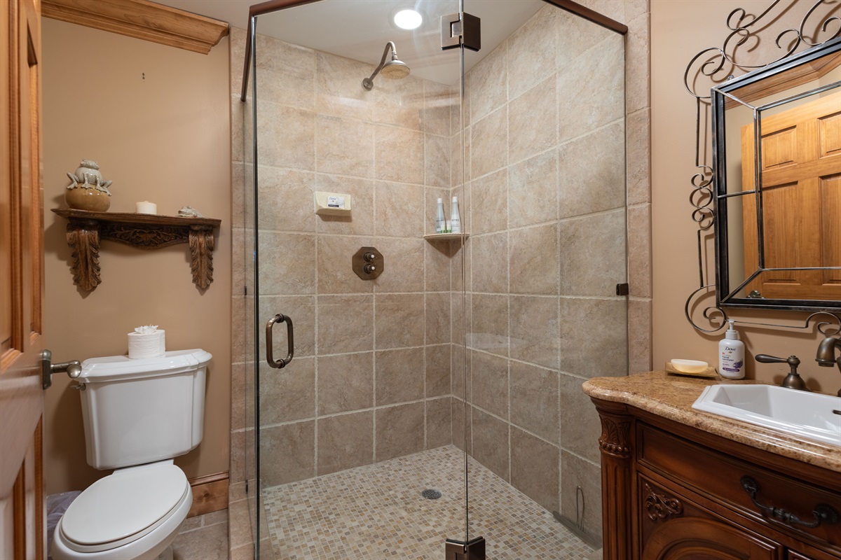 The lower-level bathroom features a spacious tiled walk-in shower and rustic mountain-inspired finishes.