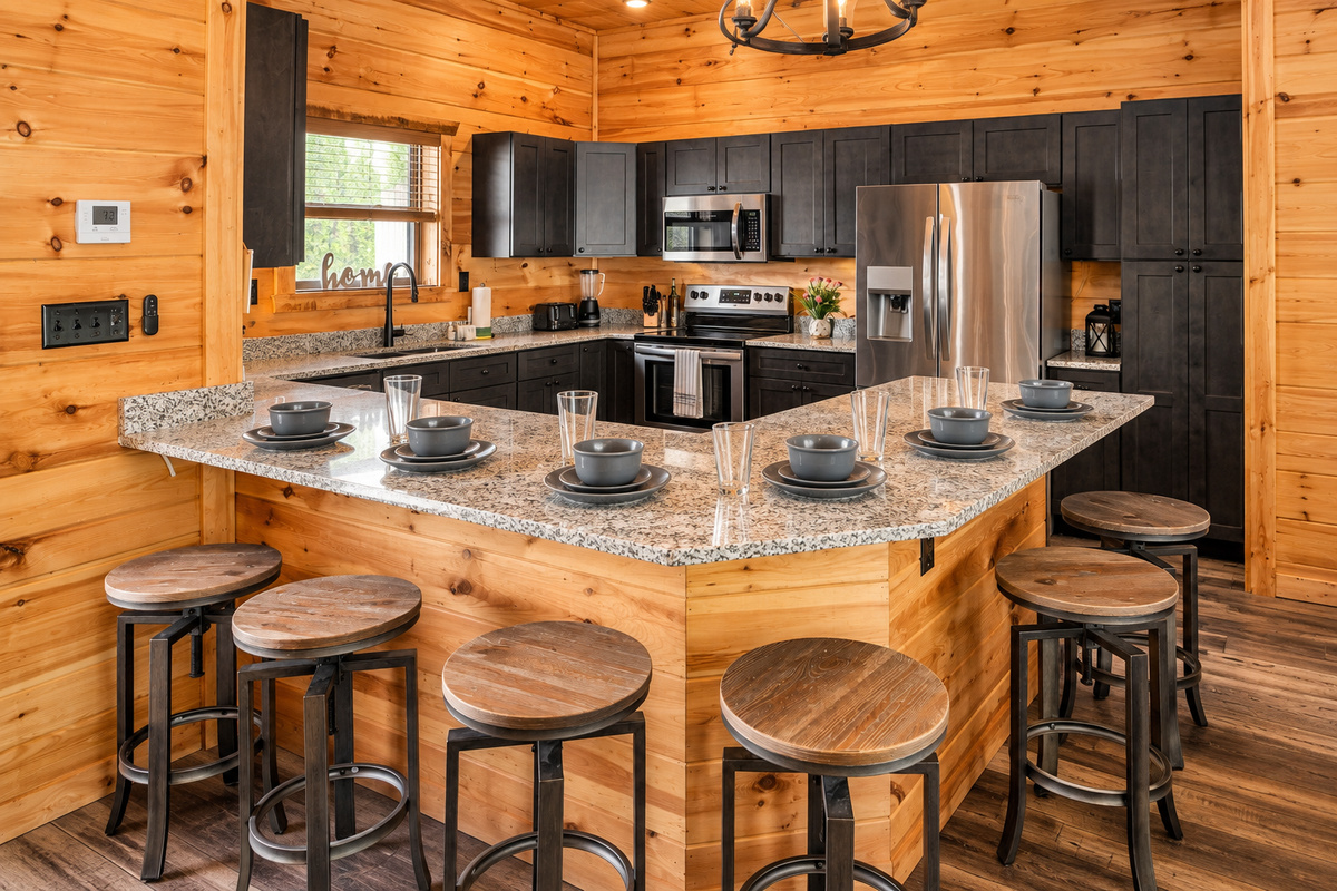 Six rustic seats wrap the bar for pancake breakfasts beneath an iron chandelier.