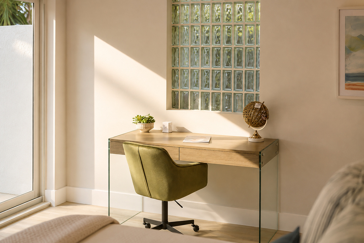 A quiet bedroom workspace gives you a bright spot for emails, planning the day, or taking a quick call during your stay.