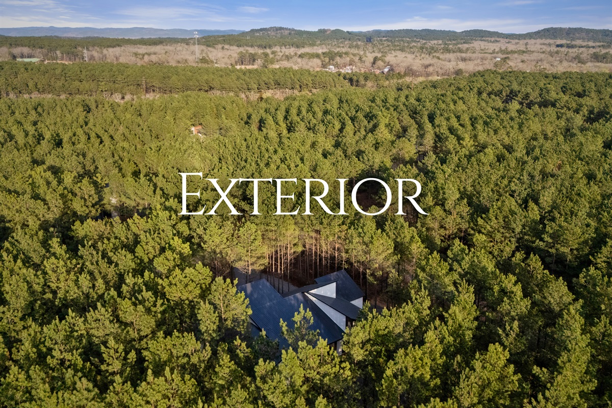 From above, the cabin appears tucked among the towering trees, offering a peaceful and private retreat in the forest.