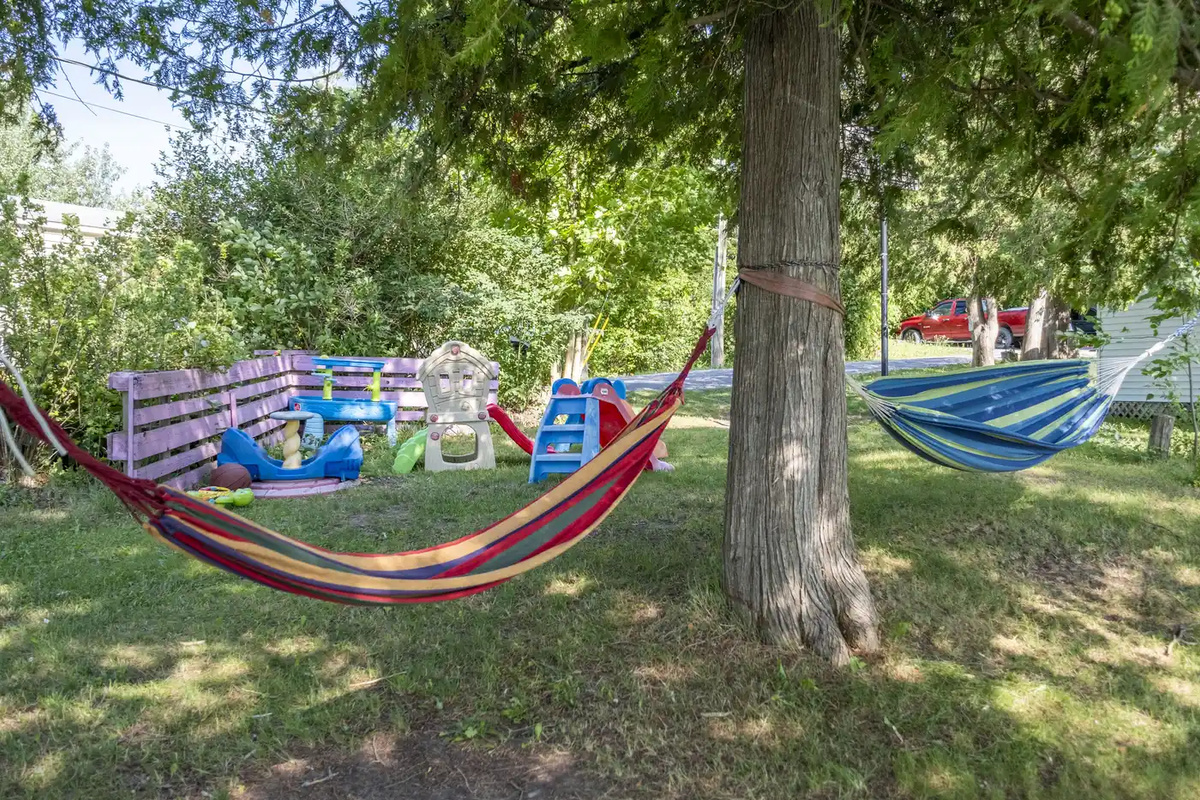 Outdoor hammock area beneath mature trees