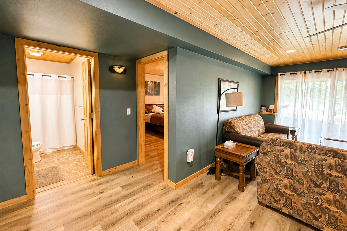 Convenient basement layout with a living room, nearby bedroom, and full bathroom, great for a family or part of the group to have their own comfortable space downstairs.
