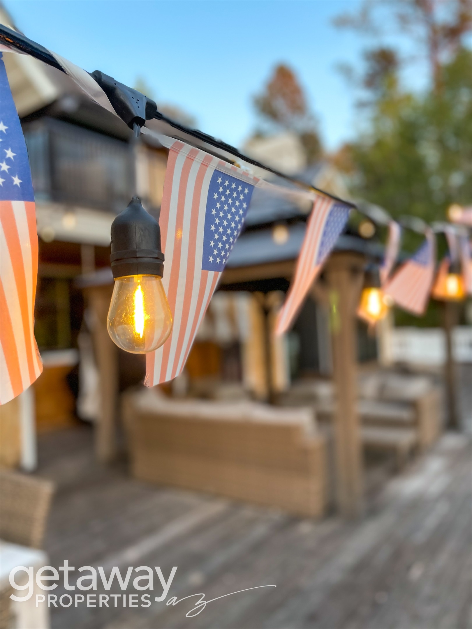 bistro lights and holiday decor
