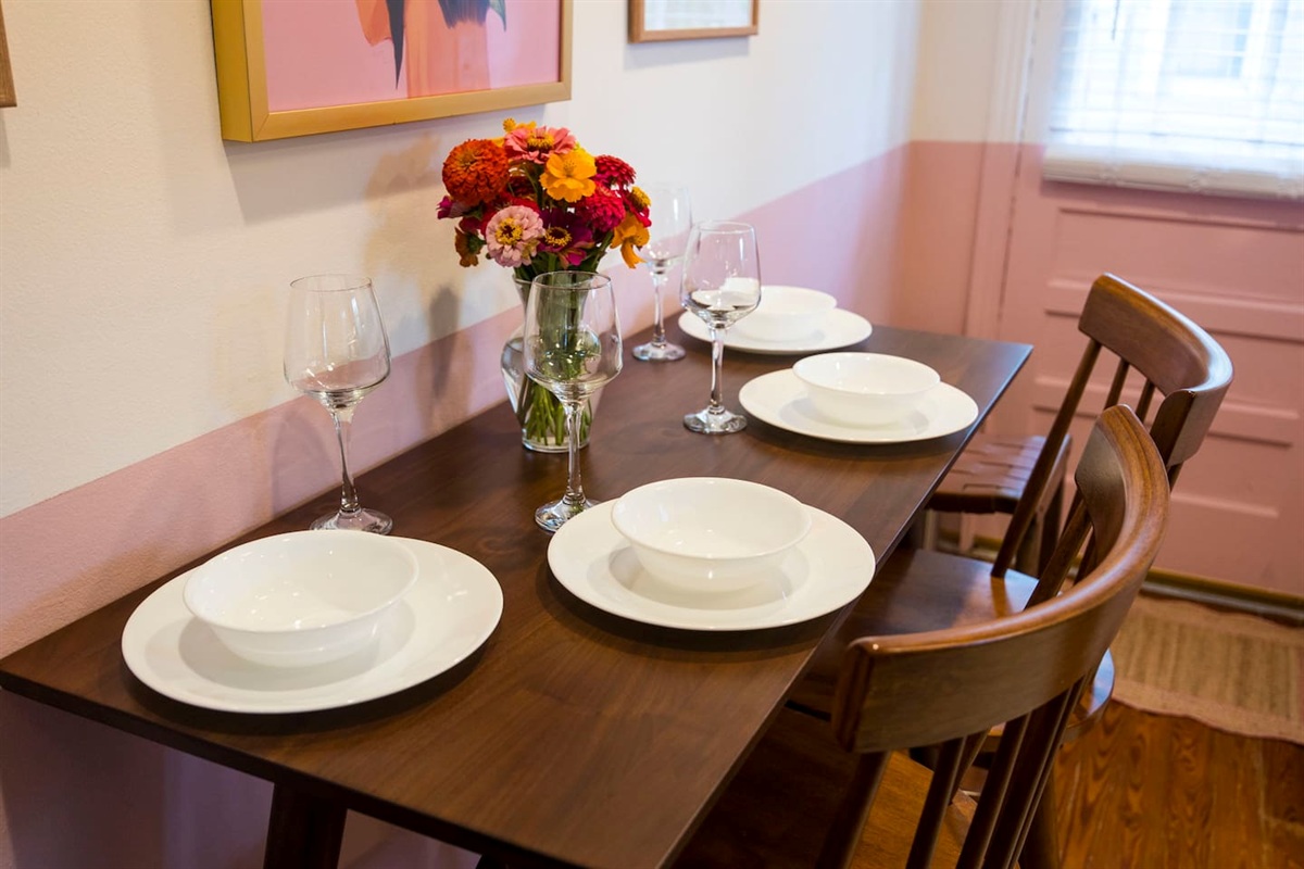 A cozy pub table is just the spot for a bite to eat, morning coffee, or a snack session after a day out.