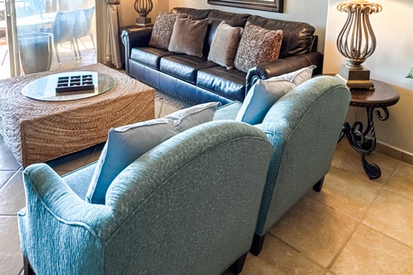 Living room with sofa bed, Smart TV, and Sea of Cortez views.