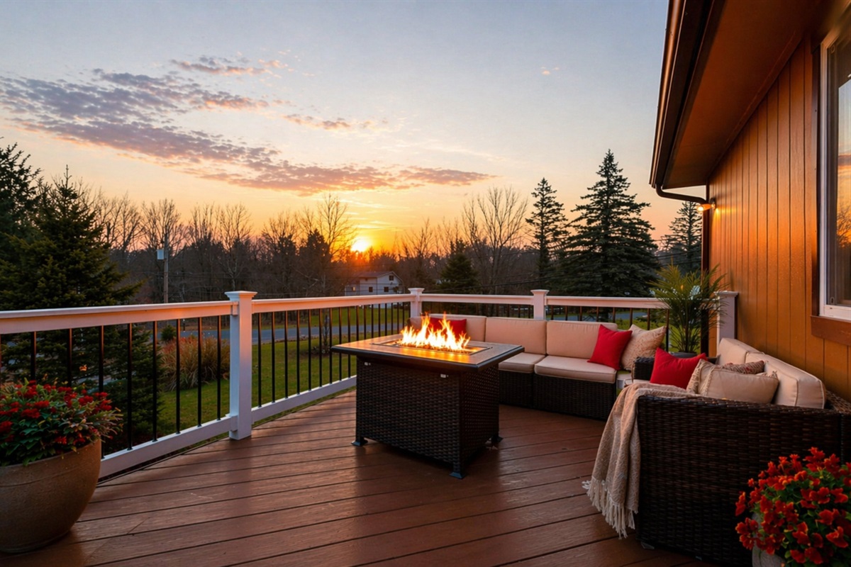 Golden hour, glowing flames and views that make time slow down. Gather around the fire table on the deck and unwind into the perfect evening