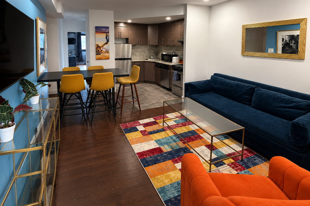 Spacious open-plan living and dining area - 2-bedroom rental in Little Italy, steps from SoHo and Nolita.