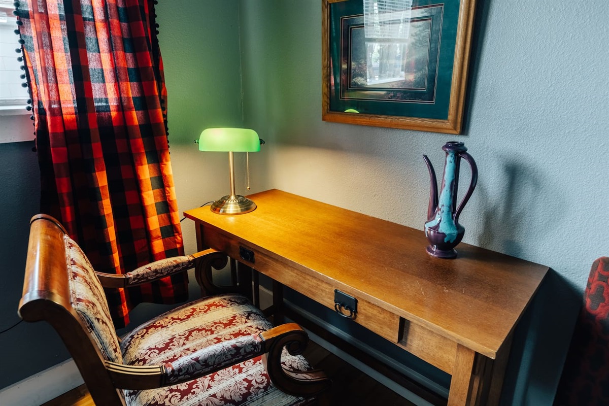 antique work table with cozy chair