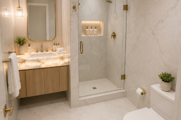 Downstairs hall bathroom with shower, exquisite lighting!