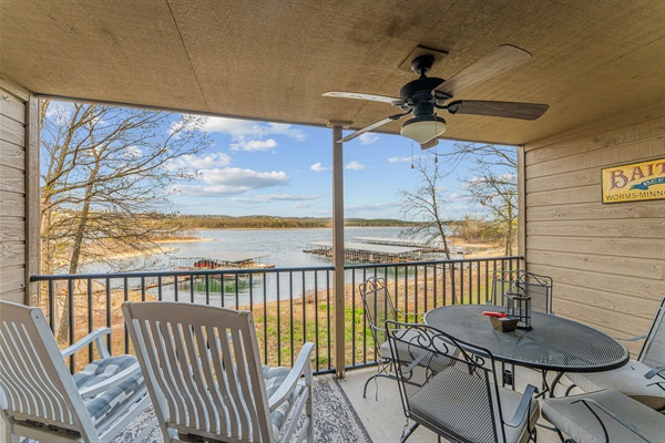 Patio table and chairs with a lakeside view!