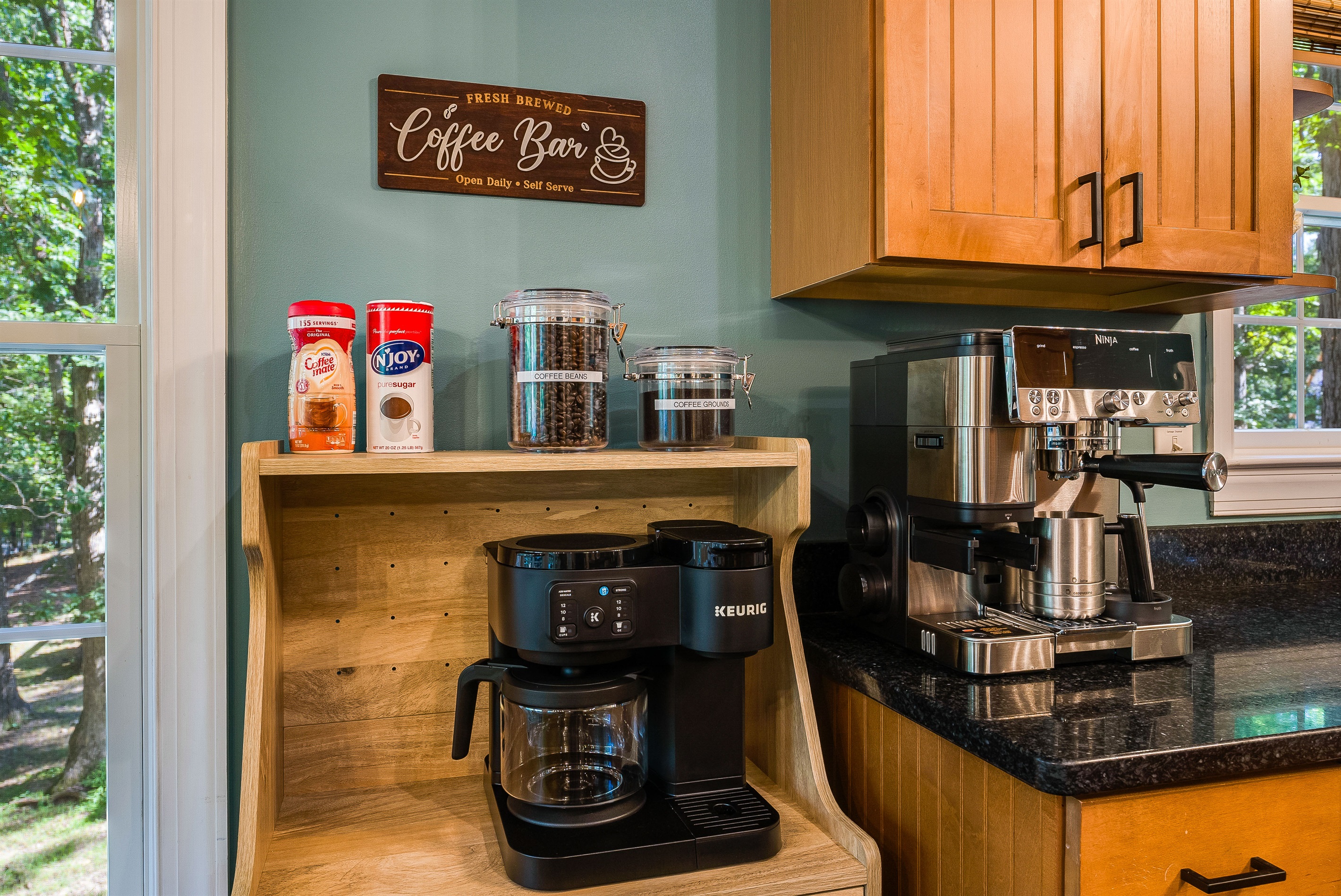 Gather around the coffee bar and let everyone craft their favorite pick-me-up — whether it’s a classic drip, a Keurig pod, or a café-style cappuccino