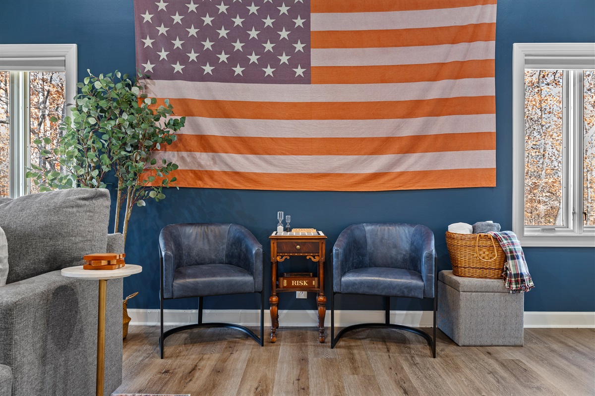 Back living room - seating with checkerboard table.