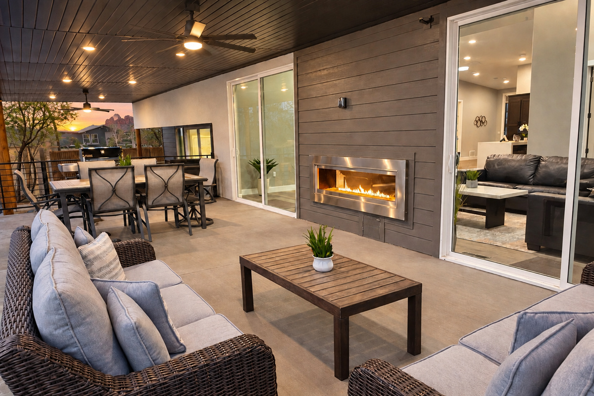 Outdoor fireplace and seating area