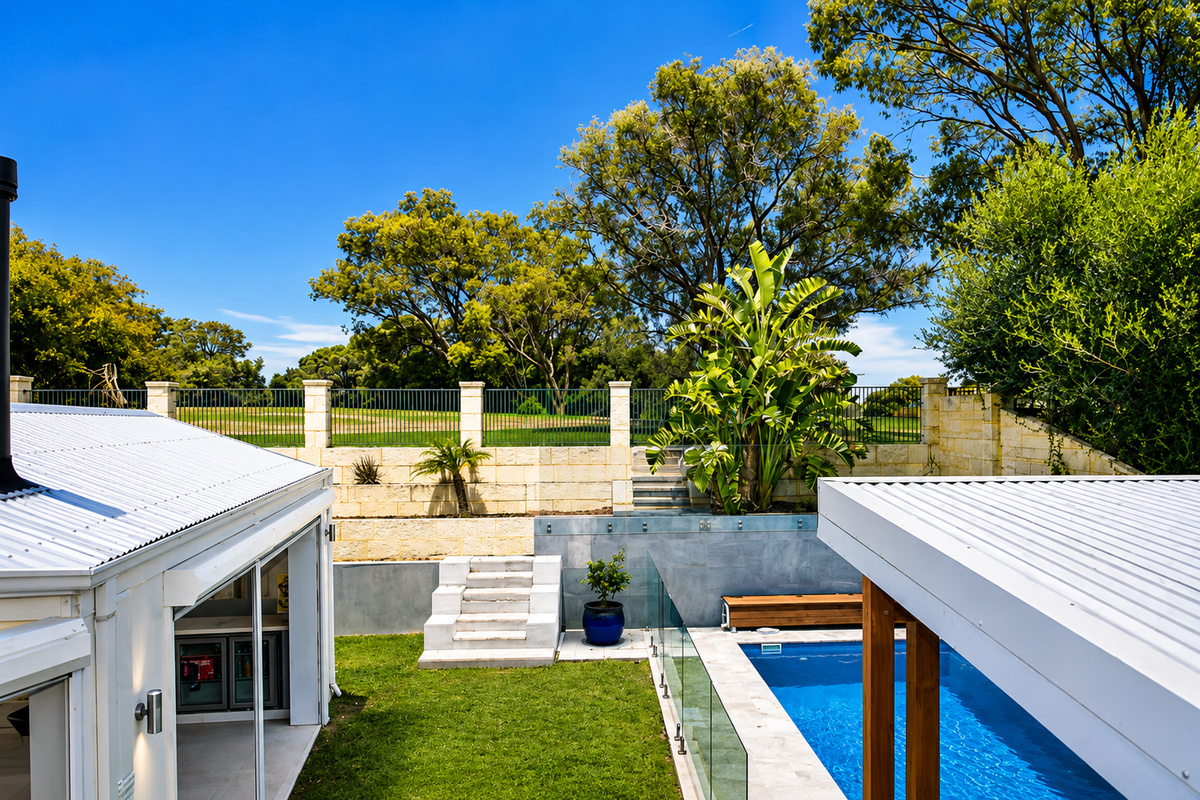 The private pool is a standout outdoor feature at Sant’s Beach Retreat, connecting the backyard, alfresco area and outdoor entertaining zones.