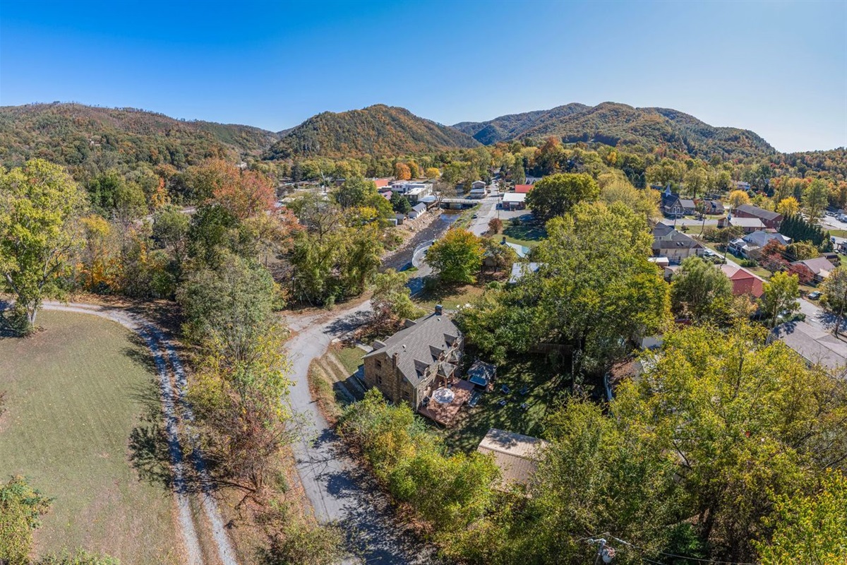 The roof of Little Stone Cottage can be seen in the forefront of this really cool drone shot.