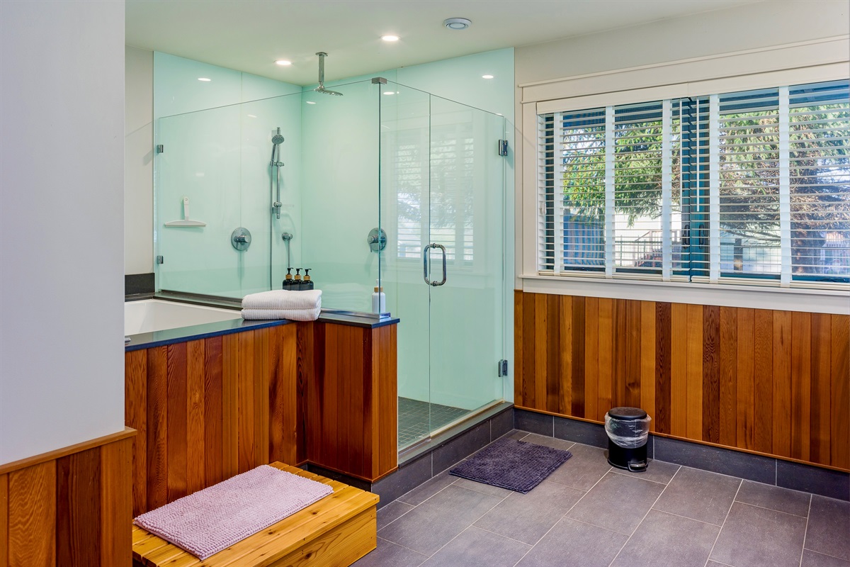 Beautiful spa bathroom features a large, glass walk-in shower and a deep cold-plunge style soaking tub.