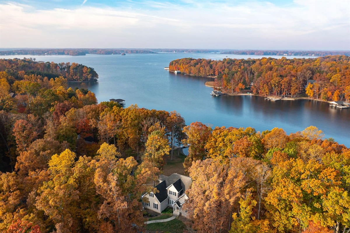 Aerial photo of house and lake