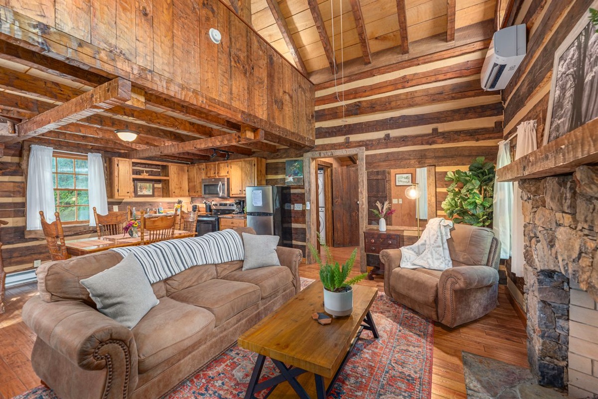 Comfy and cozy little living room with a couch you can melt into, a fireplace to be warm by, and a small TV for a bit of entertainment. 