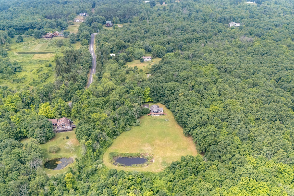 Aerial view shows just how tucked away this nature-lover’s paradise is, complete with your own pond and spacious green lawn