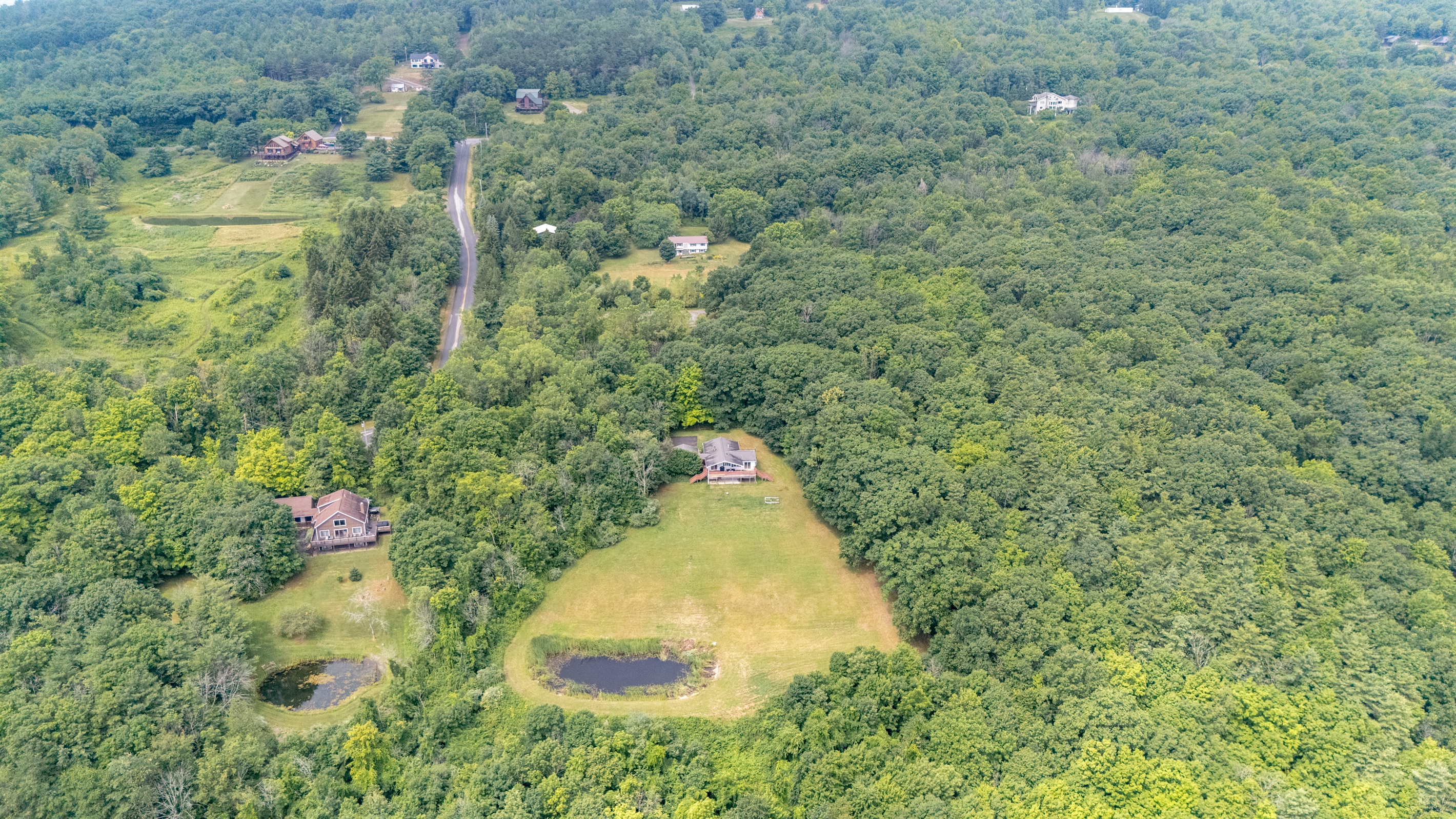 Aerial view shows just how tucked away this nature-lover’s paradise is, complete with your own pond and spacious green lawn