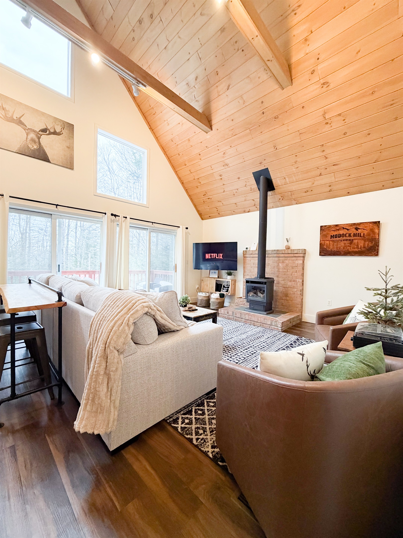 Cozy up near the fire while watching a movie.