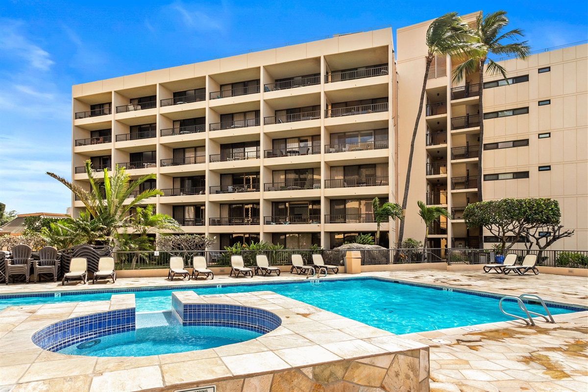 The heated salt water pool has a small kid bonus pool and chaise lounges