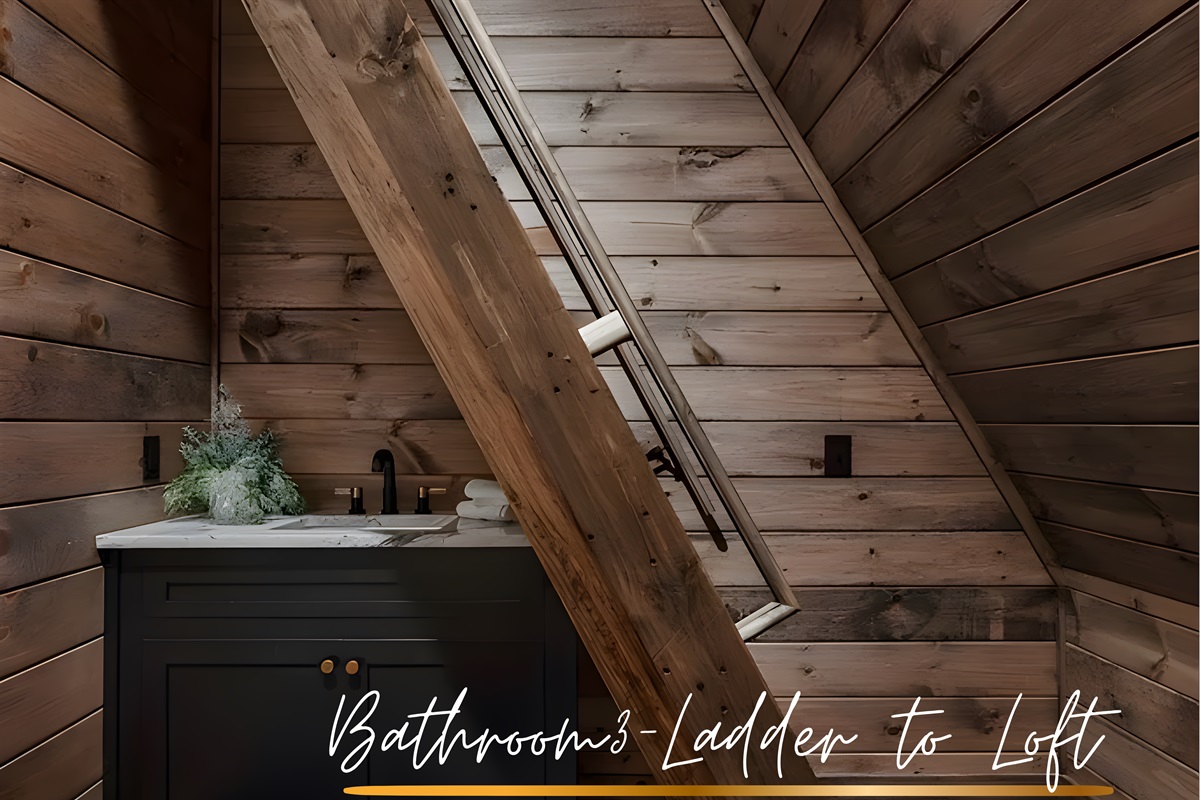 Sleek simplicity for mid-day refresh. Shared half bath located conveniently down from the 3rd level loft king bedroom. 
(NOTE *ladder going to 3rd king bedroom*)