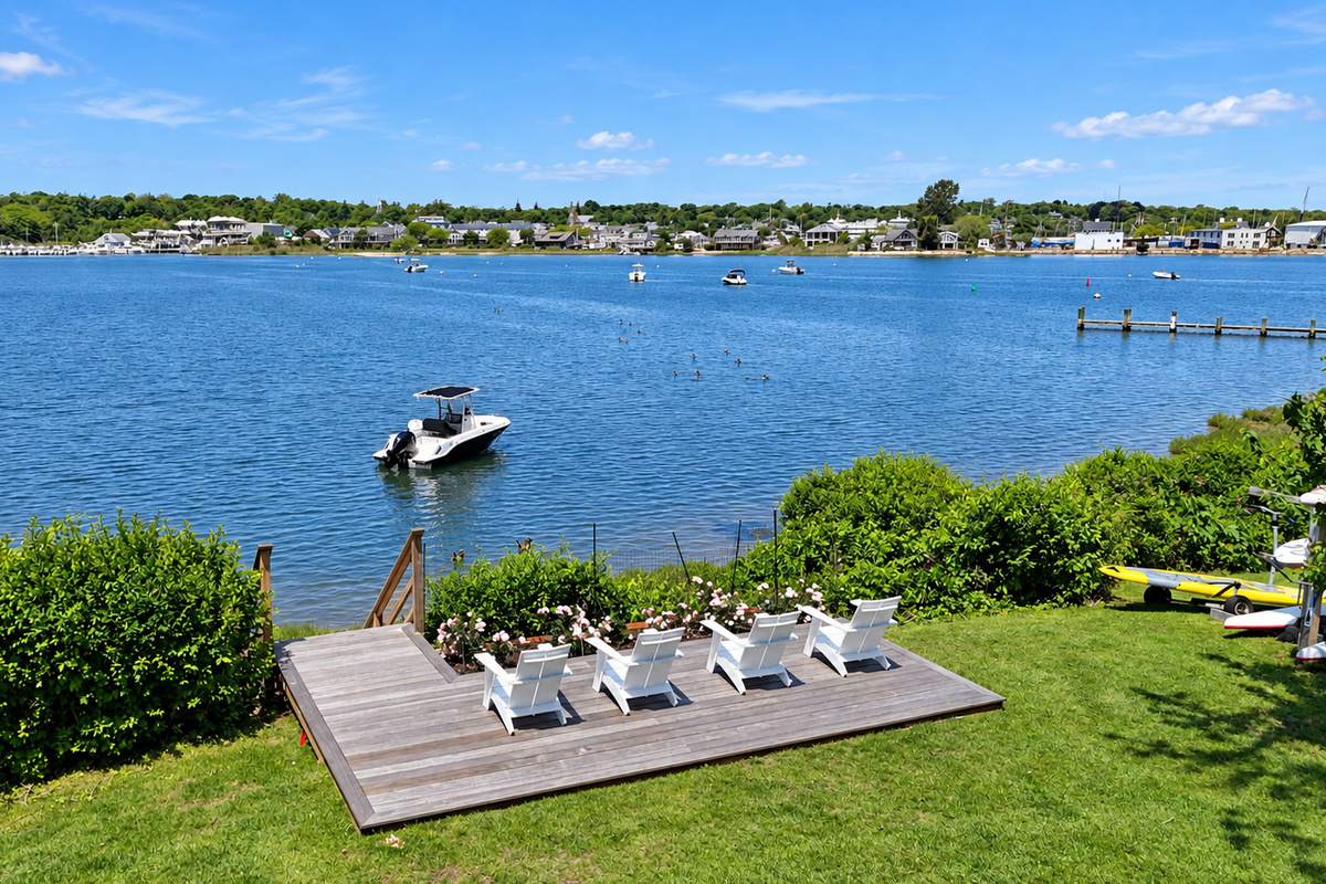 Waterfront deck with chairs
