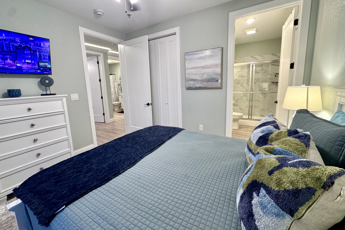 Queen bed, Roku TV, dresser, nightstands, lamps, closet, and all linens and bedding included