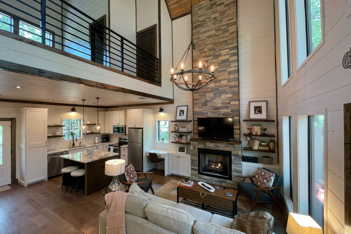 View of the seasonal indoor fireplace.  (active during the fall and winter months)