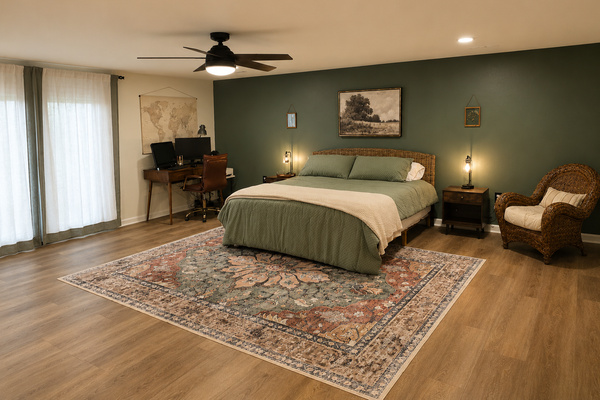 Spacious basement bedroom with a king bed, sitting area, desk space and a relaxed retreat-style feel.